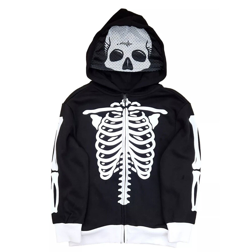 Mad Engine Skeleton Bones Hoodie Sweatshirt Size XS Halloween Built-In Mask NWT